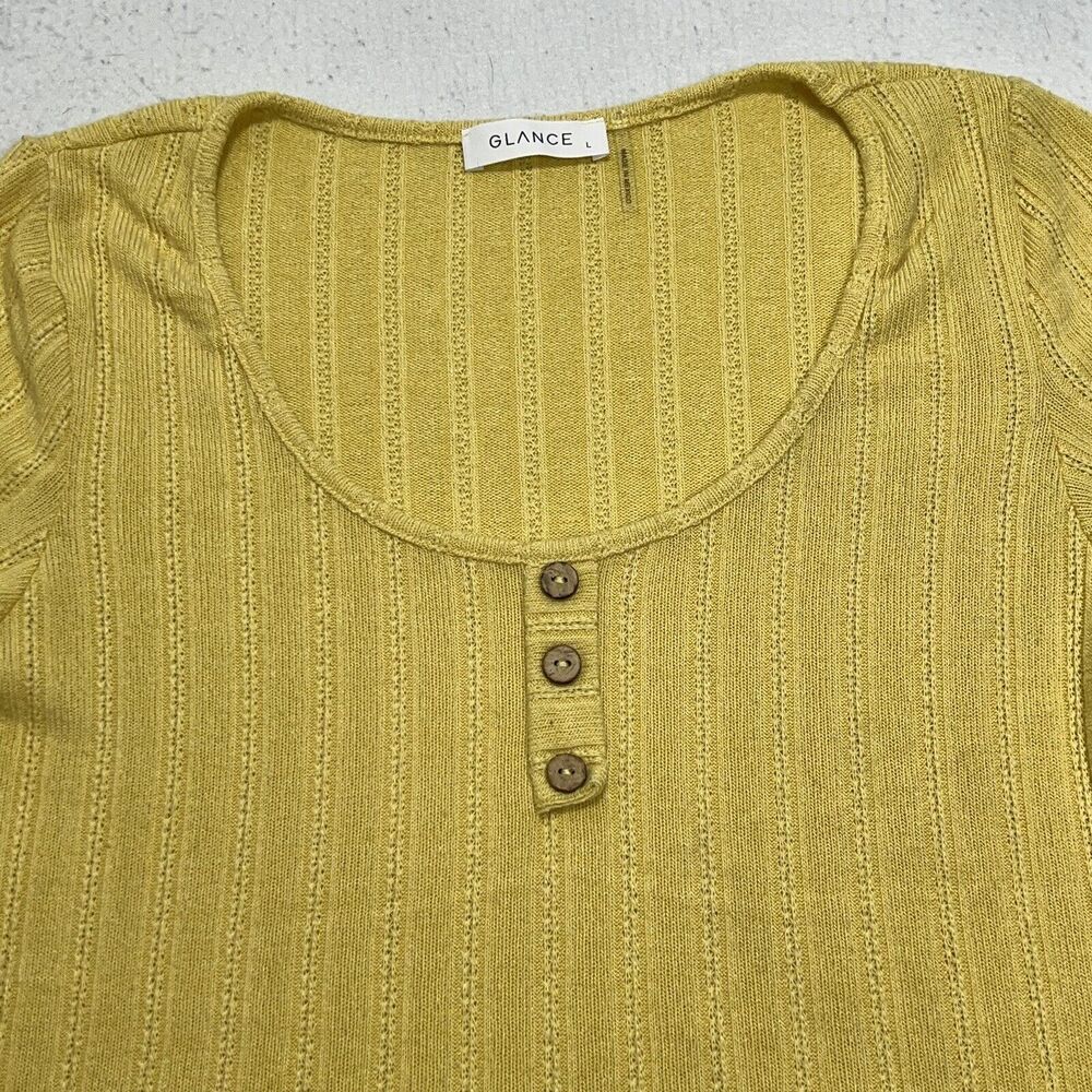 Glance Women's Large Short Sleeve Henley Button Up Pullover Stretch Yellow Top - Picture 2 of 13
